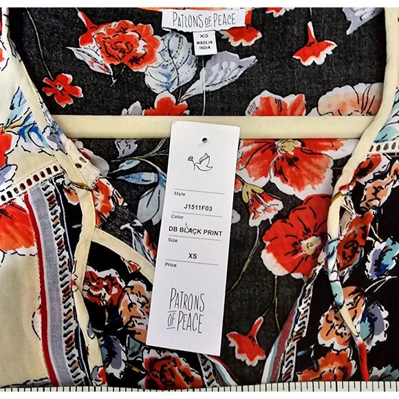Patrons Of Peace XS Floral Boho Dress DB Black Print Floral Pattern - Picture 6 of 7